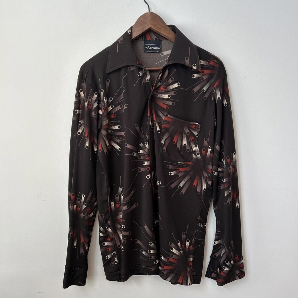 1970s Style Atomic Brown Shirt with Orange and White Starbursts, Vintage Men’s